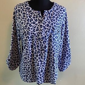 Motto Blue Leopard Print Women's Top Button Down V-Neck 3/4 Sleeves Sz L